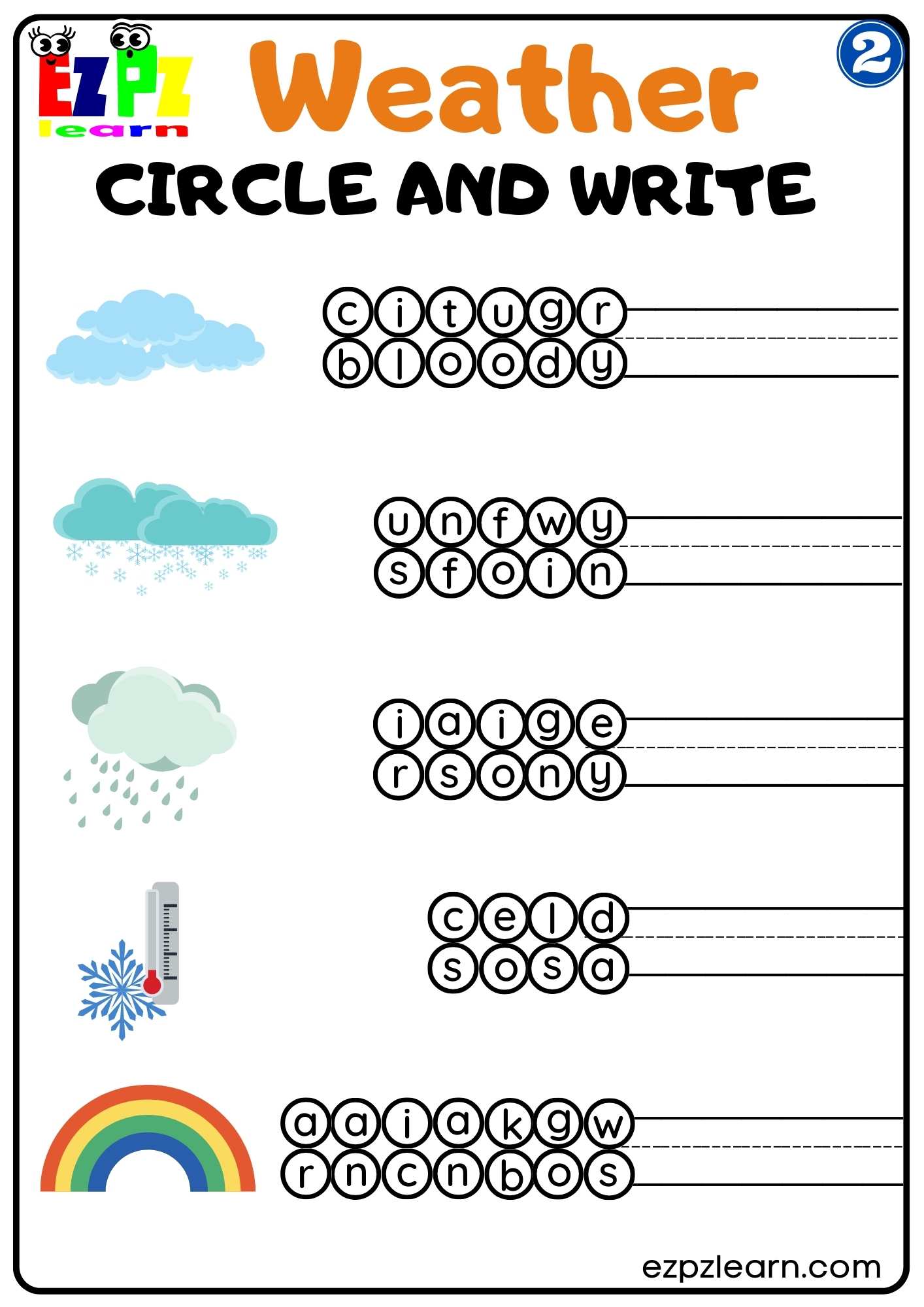 Group 2 Weather Circle and Write Worksheet for Kids K5 PDF Download